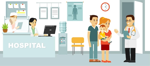 Arzt Kinderarzt und Familie mit Kind im Krankenhaus Flat Style