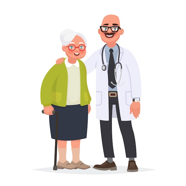 Vektor arzt und ein älterer patient. großmutter und medizinischer arbeiter. im hohen alter für die gesundheit sorgen