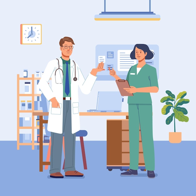 Arzt und Krankenschwester im Krankenhausbüro, Klinikuntersuchung, Gespräch mit einem Arzt über die Diagnose