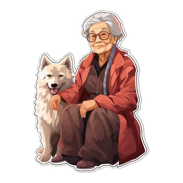 Vektor asian_old_woman_walking_with_her_dog_sticker