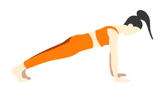 Vektor asiatische weibliche dame yoga-pose im cartoon-schatten-flat-stil orangefarbener trainingsanzug pilates-sporttraining