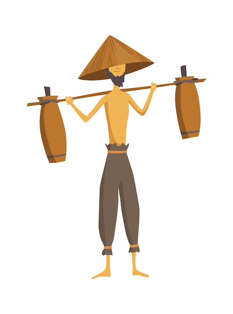Asiatischer bauer mit konischem strohhut ländliche kultur asiens chinesischer bauer, der die ernte auf seinen schultern trägt vektor-cartoon-illustration