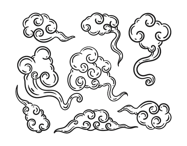 Vektor asiatisches cloud-doodle-illustrationsset