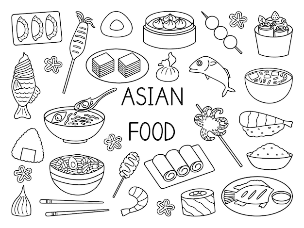 Vektor asiatisches essen doodle set asiatische küche im sketch-stil