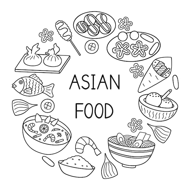 Vektor asiatisches essen doodle set asiatische küche im sketch-stil