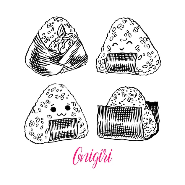 Asiatisches essen. netter satz der verschiedenen skizze onigiri. handgezeichnete illustration