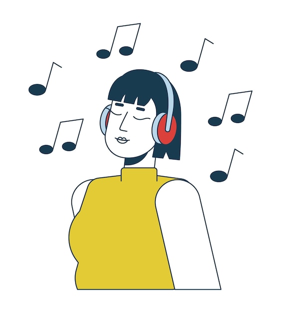 Asiatisches Mädchen, das Musik genießt, schlägt flache Vektor-Spot-Illustration