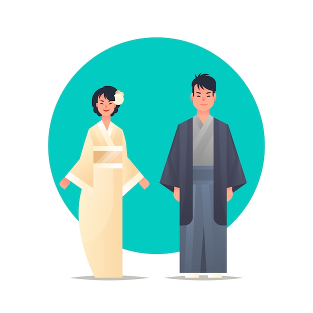 asiatisches Paar, das traditionelle Kleidung lächelnde Mannfrau im nationalen alten Kostüm trägt, das zusammen chinesische oder japanische männliche weibliche Zeichentrickfiguren steht