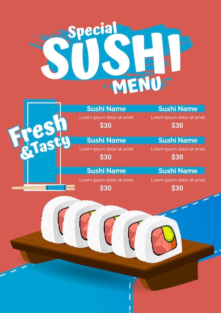 Asiatisches Restaurant handgezeichnete Sushi-Rollen-Menüvorlage