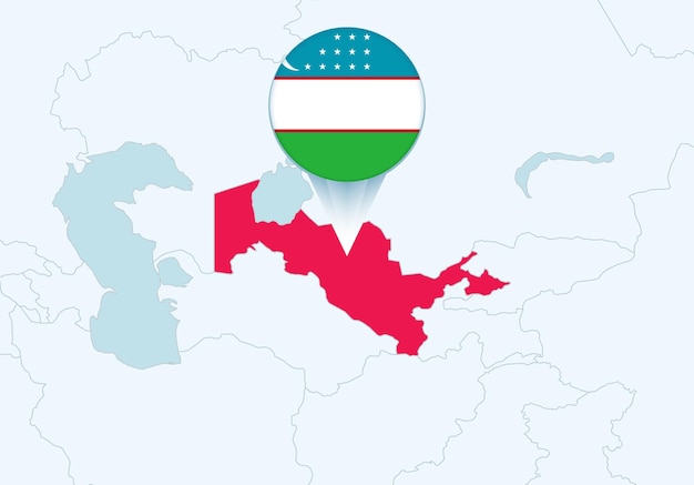 Asien mit ausgewählter Usbekistan-Karte und Usbekistan-Flaggensymbol