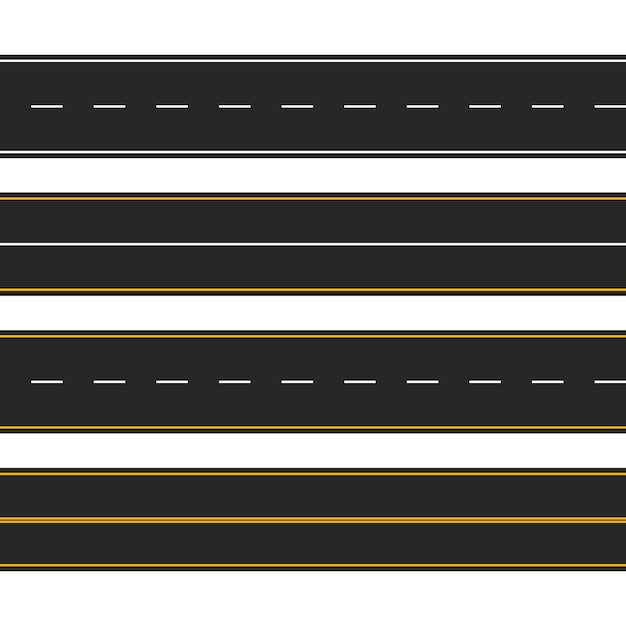 Asphalt. satz straßentypen mit markierungen. autobahnstreifenschablonendesign für infografik. illustration