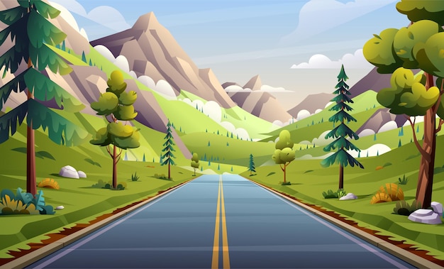 Asphaltstraße in Bergtallandschaft Abbildung Naturautobahn durch Wiese und Bäume