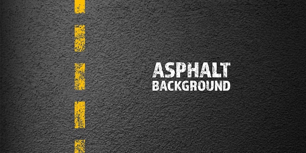 Asphaltstraße mit gelber gerissener Fahrspur, die die Betonoberfläche der Autobahn markiert, Textur der Straßenverkehrslinie