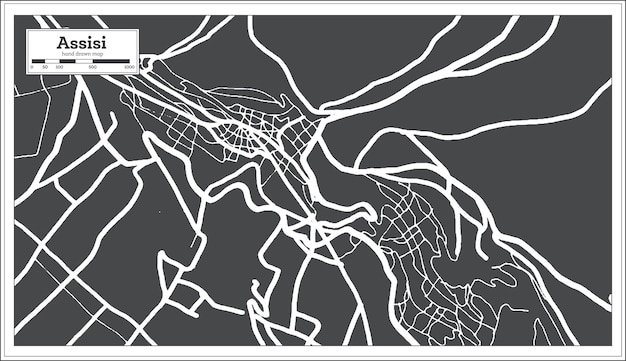 Assisi italien stadtplan in schwarz-weiß-farbe im retro-stil übersichtskarte