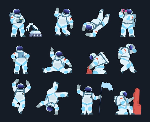 Astronaut cartoon-raumfahrer in verschiedenen posen kosmischer entdecker trägt raumanzug und helm kosmonaut nimmt bodenproben oder erkundet die oberfläche mit weltraumroboter vektor-weltraumspaziergang-szenen eingestellt