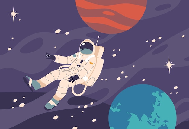 Astronaut-Charakter, der durch die Weite des Weltraums schwebt, umgeben von farbenfrohen Planeten und Sternen