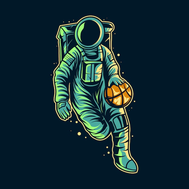 Astronaut, der basketball auf raumillustrationsentwurf dribbelt