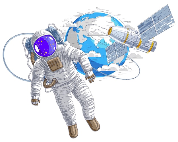 Astronaut, der im offenen Weltraum fliegt und mit der Raumstation und dem Planeten Erde im Hintergrund verbunden ist, Raumfahrer im Raumanzug, der in Gewichtlosigkeit schwebt, und ISS-Raumschiff mit Sonnenpanelen hinter ihm.