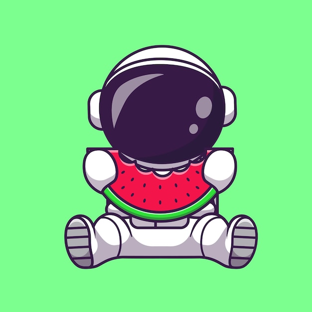 Astronaut, der wassermelone-frucht-karikatur-illustration isst. wissenschaft lebensmittelkonzept isoliert. flacher cartoon-stil