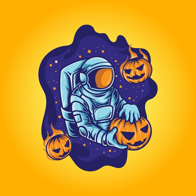 Astronaut feiert halloween mit kürbisillustration