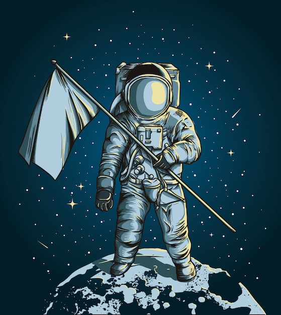 Astronaut hält eine Flagge über dem Mond mit dem Weltraum