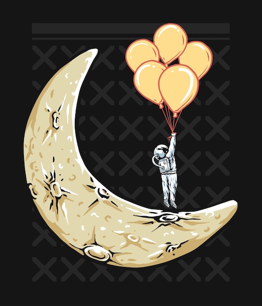 Astronaut hängt fünf Ballons und die Mondillustration auf