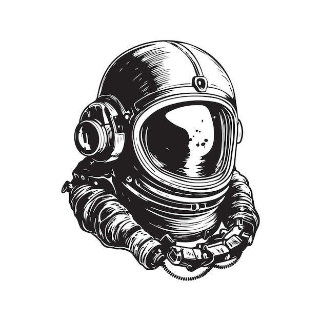 Astronaut Helm Schädel Vintage Logo Konzept schwarz-weiße Farbe handgezeichnete Illustration
