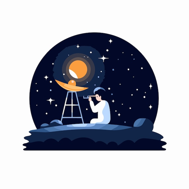Vektor astronaut mit teleskop im weltraum flach-design-vektor-illustration