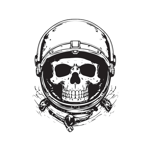 Astronaut Schädel Vintage Logo Konzept schwarz-weiße Farbe handgezeichnete Illustration