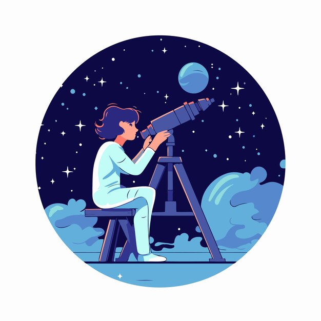 Vektor astronaut schaut durch das teleskop vektor-illustration im flachen cartoon-stil