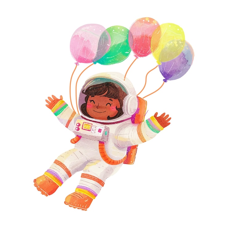 Astronaut schwebt mit Ballons Aquarell 12