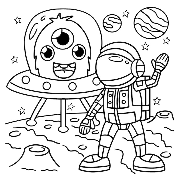 Astronaut und UFO Malvorlagen für Kinder