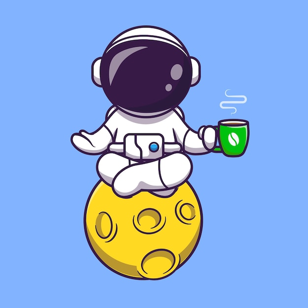 Astronaut yoga auf mond mit kaffee cartoon vektor icon illustration. wissenschaft sport icon konzept isoliert premium-vektor. flacher cartoon-stil