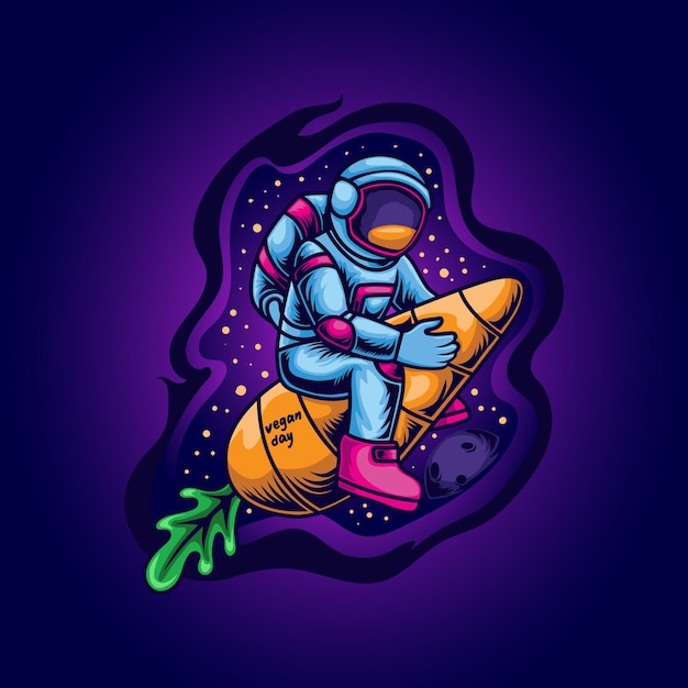 Vektor astronauten-abenteuer im weltraum mit karotten-raketen-illustration