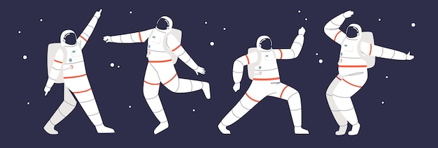 Astronauten, die im offenen raum schweben: eine reihe lustiger raumfahrer, die raumanzüge in verschiedenen posen über dem hintergrund der galaxie tragen. flache vektorillustration der karikatur
