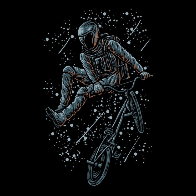 Astronauten-freestyle-bmx-fahrrad am galaxienillustrationsvektor für marke oder waren