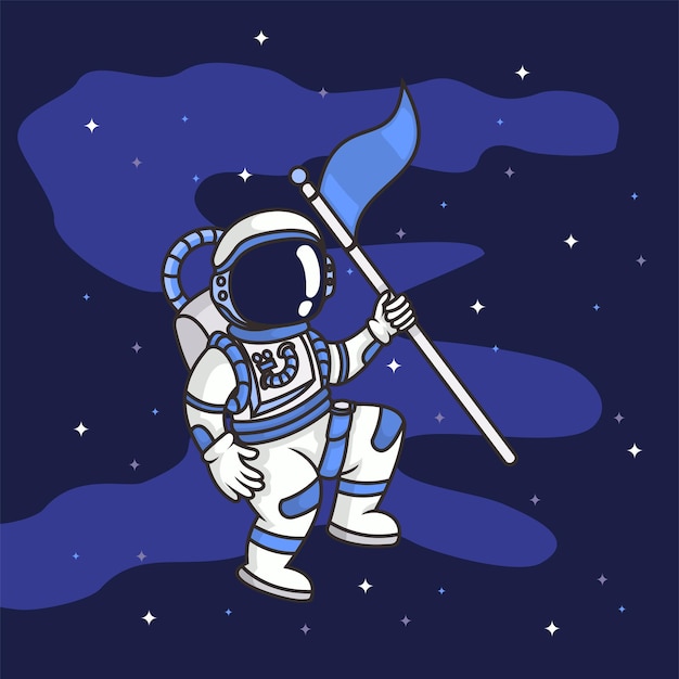 Astronautenkarikatur, die flagge im weltraum hält