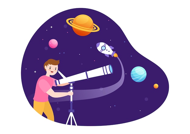 Vektor astronomie-cartoon-illustration mit teleskop zum beobachten von sternenhimmel, galaxie und planeten