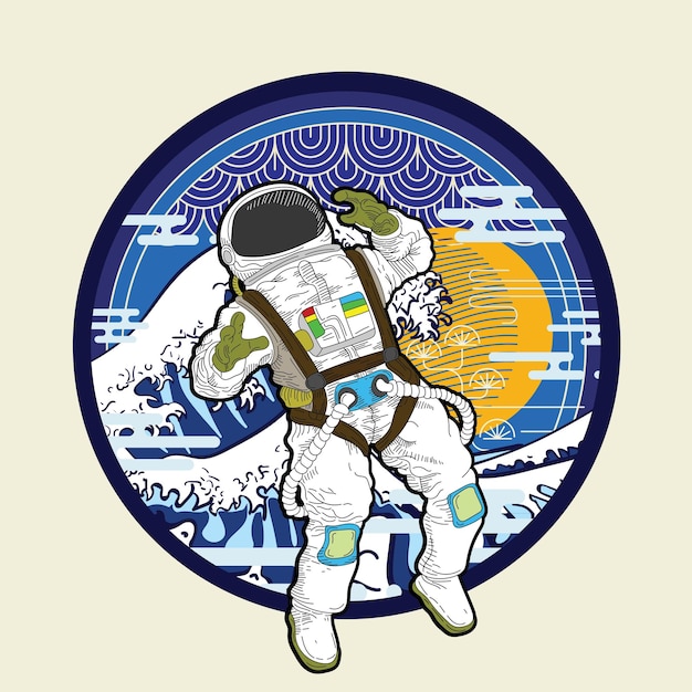 Astronout-Illustrationsdesign mit Retro-Hintergrund im japanischen Stil