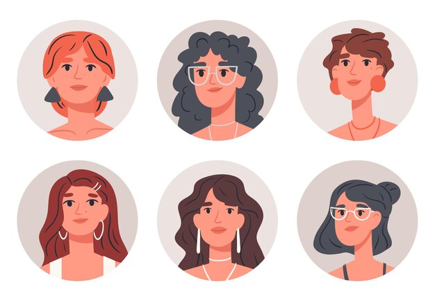 Atemberaubende Frauen Avatare Cartoon schöne Mädchen Porträts modische junge weibliche Gesichter niedliche weibliche Charaktere flache Vektorgrafiken auf weißem Hintergrund