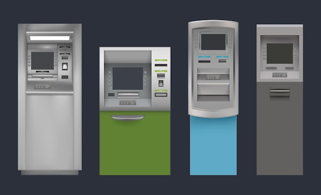 Atm Bank-Zahlungsautomaten online automatisierte Einzahlung anständiger Vektor realistische Sammlung von Geldautomaten