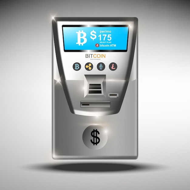 Atm-bitcoins-geldautomat vektorillustration krypto-währung überträgt konzepte bitcoin-atm-automat