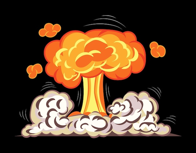 Atombombenexplosion mit staub- und gaswolken und energiefreisetzungspfad vektorillustration im comic-cartoon-design