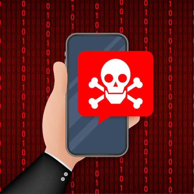 Vektor attacke. smartphone mit sprechblase und totenkopf auf dem bildschirm. bedrohungen, mobile malware, spam-nachrichten. illustration.