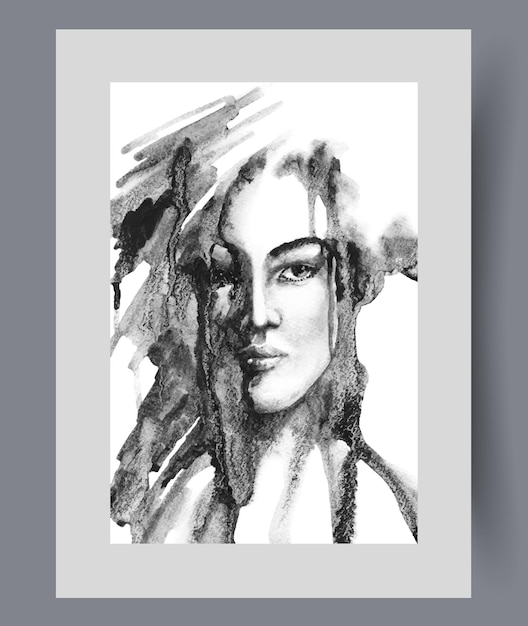 Attraktive Frau mit ernsthaftem Gesichtsausdruck schaut auf Bildschirm auf Wandkunst Aquarellkunstwerke