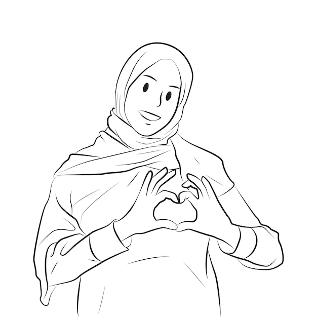 Attraktive muslimische frau liebe pose strichzeichnungen cartoon illustration