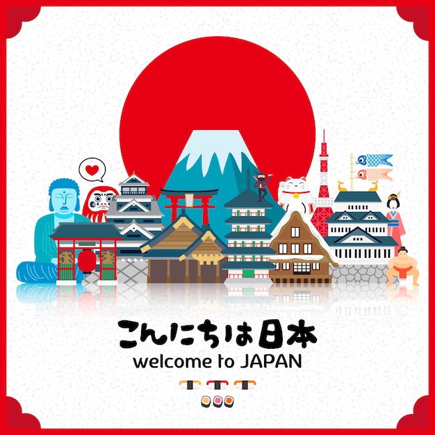 Attraktives Japan-Reiseplakat mit Sonne Hallo Japan auf Japanisch