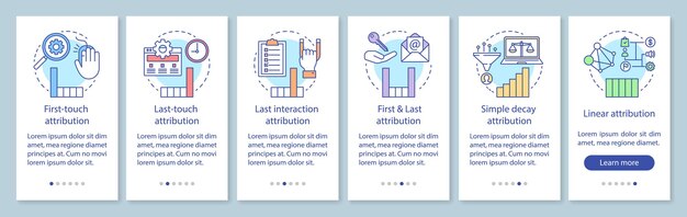 Attributionsmodellierungstypen beim Onboarding des Seitenbildschirms der mobilen App mit linearen Konzepten. Diagramme, Diagramme, Walkthrough-Schritte, grafische Anweisungen. UX, UI, GUI-Vektorvorlage mit Illustrationen