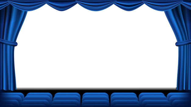 Vektor auditorium mit sitzplatzvektor. blauer vorhang. theater, kinoleinwand und sitze. bühne und stühle. blauer vorhang. theater. realistische darstellung.