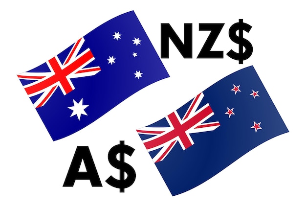 AUDNZD Forex-Währungspaar-Vektorillustration. Australische und neuseeländische Flagge mit Dollarsymbol.